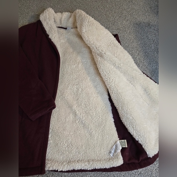 L.L. Bean Sherpa Lined Deep Wine Small Petite Fall Cozy Open Front Cardigan - Picture 3 of 12